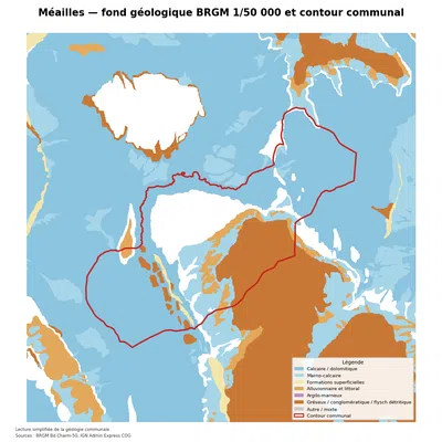 Carte géologique BRGM de Méailles avec contour communal