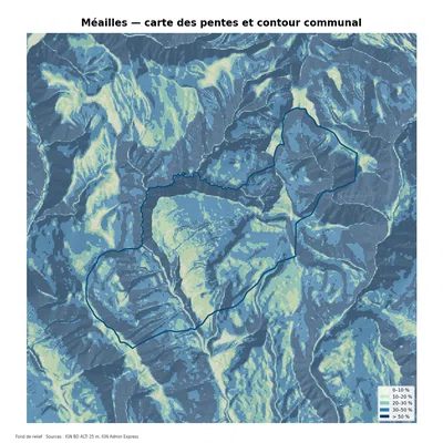 Carte des pentes sur la commune de Méailles