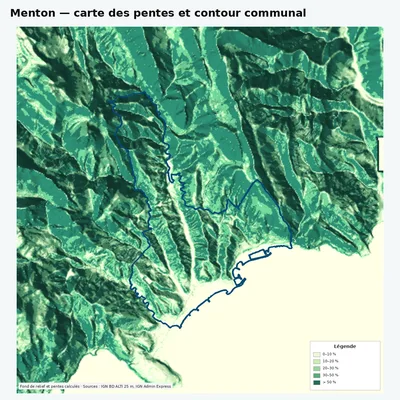 Carte des pentes de Menton avec contour communal