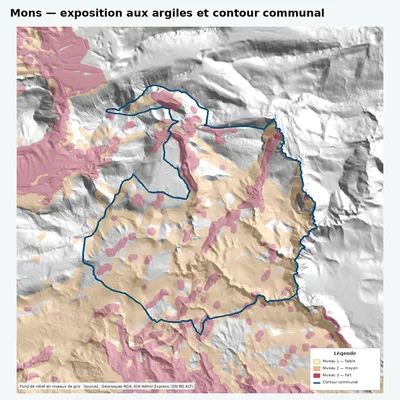 Carte argiles RGA de Mons avec contour communal