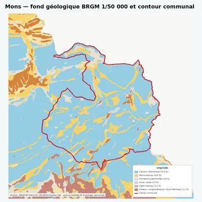 Carte géologique BRGM de Mons avec contour communal