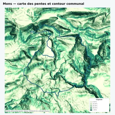 Carte des pentes de Mons avec contour communal