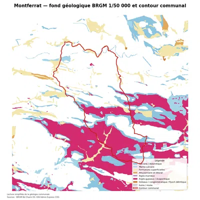 Carte géologique BRGM de Montferrat avec contour communal