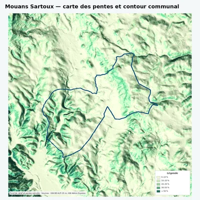 Carte des pentes de Mouans Sartoux avec contour communal