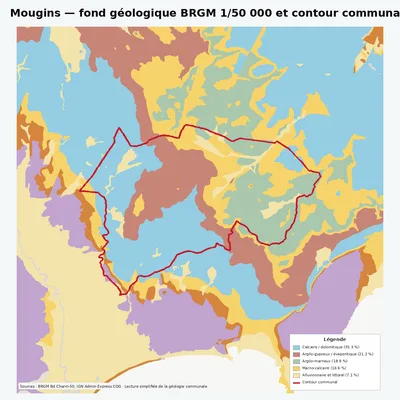 Carte géologique BRGM de Mougins avec contour communal