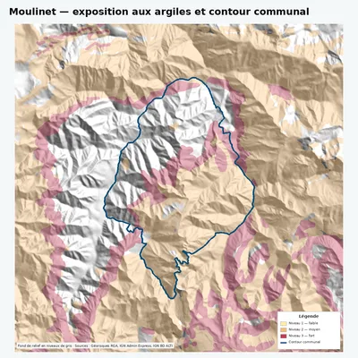 Carte argiles RGA de Moulinet avec contour communal