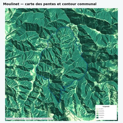Carte des pentes de Moulinet avec contour communal