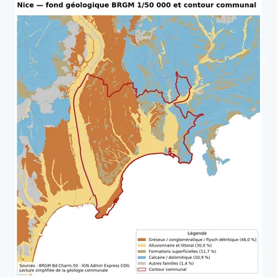 Carte géologique BRGM de Nice avec contour communal