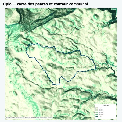 Carte des pentes de Opio avec contour communal