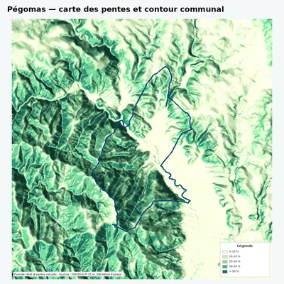 Carte des pentes de Pégomas avec contour communal