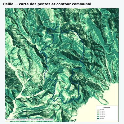 Carte des pentes de Peille avec contour communal