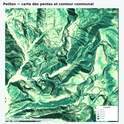 Carte des pentes de Peillon avec contour communal