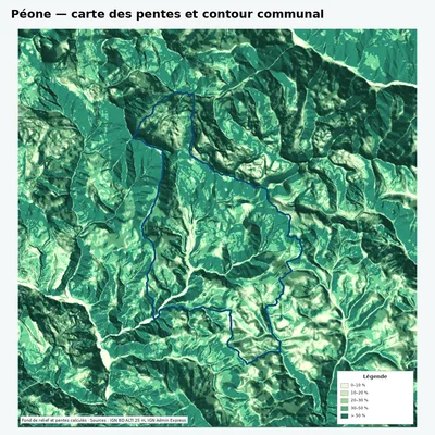 Carte des pentes de Péone avec contour communal