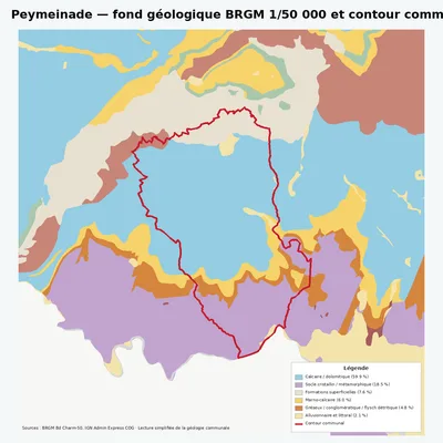 Carte géologique BRGM de Peymeinade avec contour communal