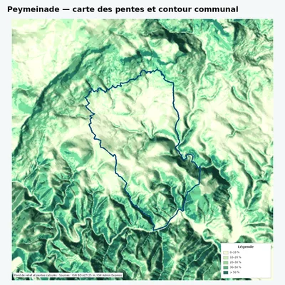 Carte des pentes de Peymeinade avec contour communal