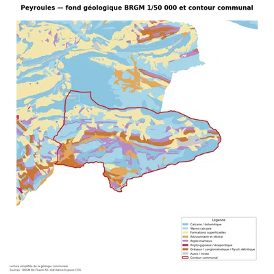 Carte géologique BRGM de Peyroules avec contour communal