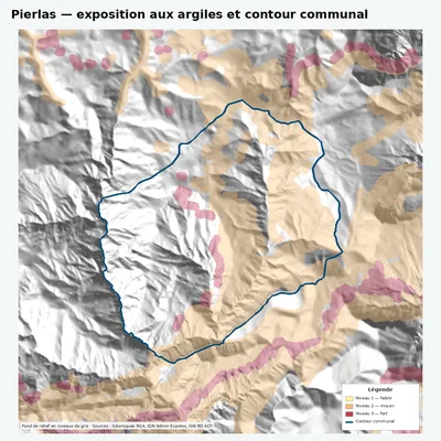 Carte argiles RGA de Pierlas avec contour communal