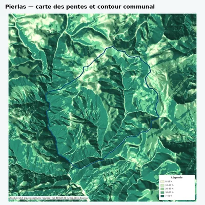 Carte des pentes de Pierlas avec contour communal