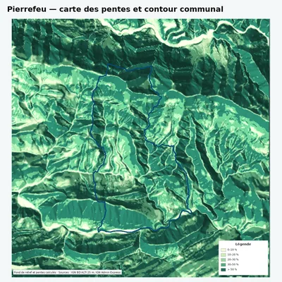 Carte des pentes de Pierrefeu avec contour communal