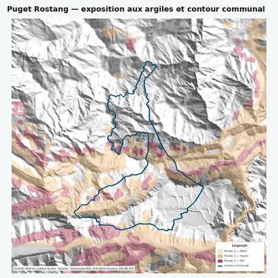 Carte argiles RGA de Puget Rostang avec contour communal