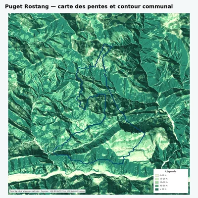 Carte des pentes de Puget Rostang avec contour communal