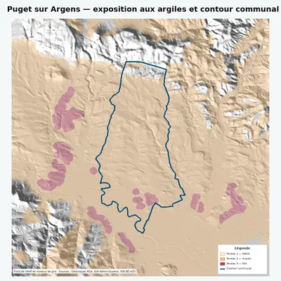 Carte argiles RGA de Puget sur Argens avec contour communal