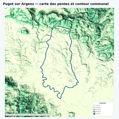 Carte des pentes de Puget sur Argens avec contour communal