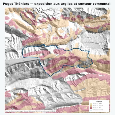 Carte argiles RGA de Puget Théniers avec contour communal