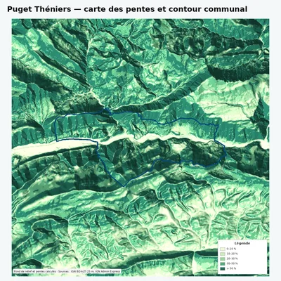 Carte des pentes de Puget Théniers avec contour communal