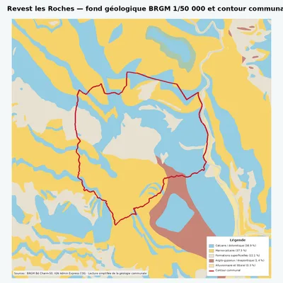 Carte géologique BRGM de Revest les Roches avec contour communal