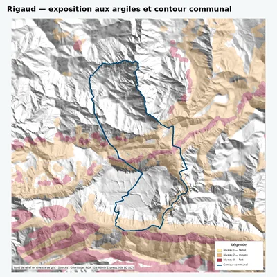 Carte argiles RGA de Rigaud avec contour communal