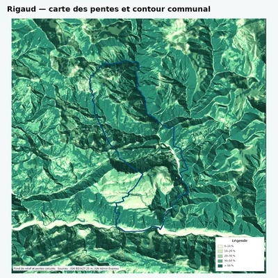 Carte des pentes de Rigaud avec contour communal