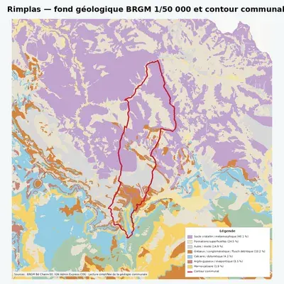Carte géologique BRGM de Rimplas avec contour communal