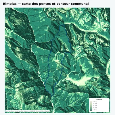 Carte des pentes de Rimplas avec contour communal