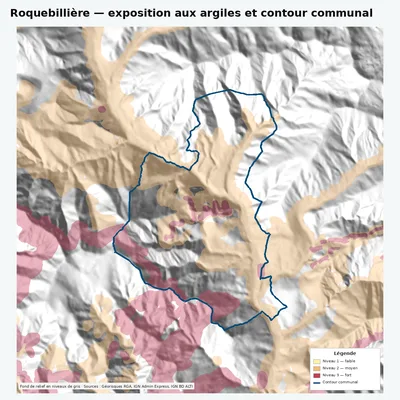 Carte argiles RGA de Roquebillière avec contour communal