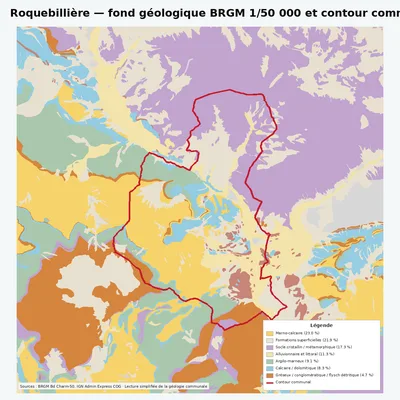 Carte géologique BRGM de Roquebillière avec contour communal