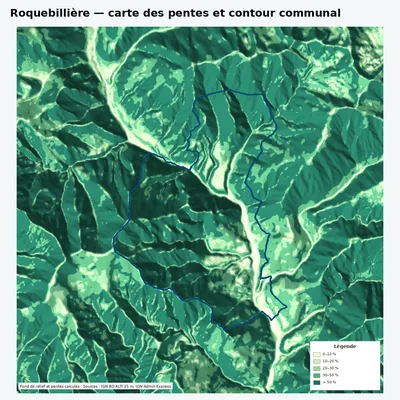 Carte des pentes de Roquebillière avec contour communal
