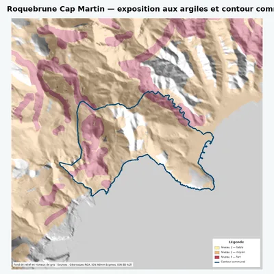Carte argiles RGA de Roquebrune Cap Martin avec contour communal