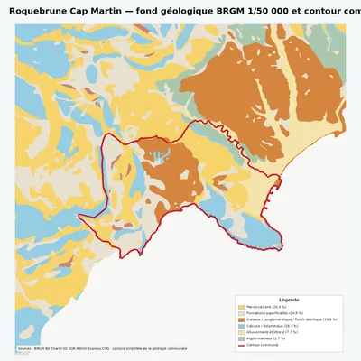 Carte géologique BRGM de Roquebrune Cap Martin avec contour communal