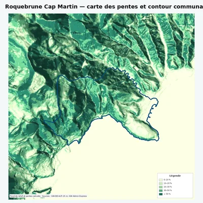 Carte des pentes de Roquebrune Cap Martin avec contour communal