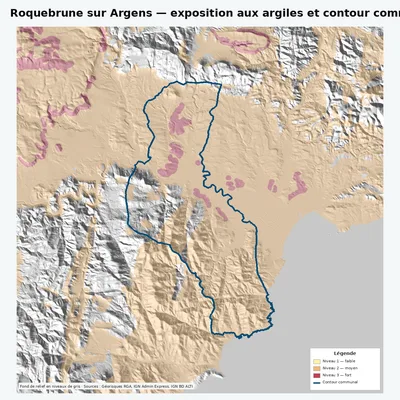 Carte argiles RGA de Roquebrune sur Argens avec contour communal