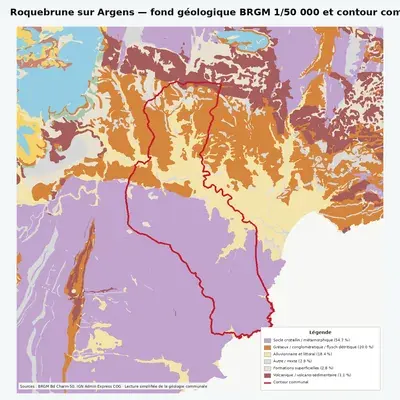 Carte géologique BRGM de Roquebrune sur Argens avec contour communal