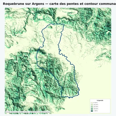 Carte des pentes de Roquebrune sur Argens avec contour communal