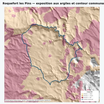 Carte argiles RGA de Roquefort les Pins avec contour communal