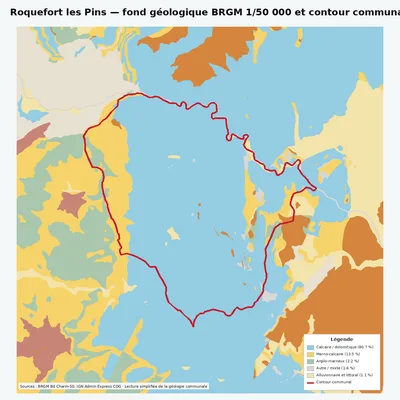 Carte géologique BRGM de Roquefort les Pins avec contour communal