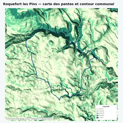 Carte des pentes de Roquefort les Pins avec contour communal