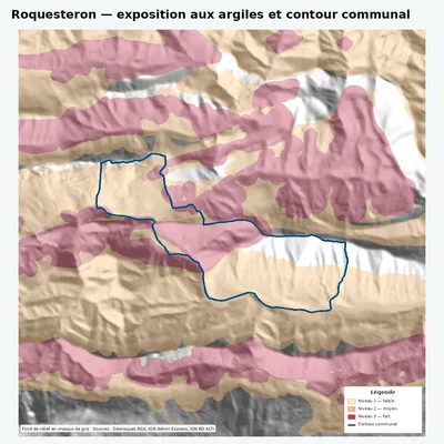 Carte argiles RGA de Roquesteron avec contour communal