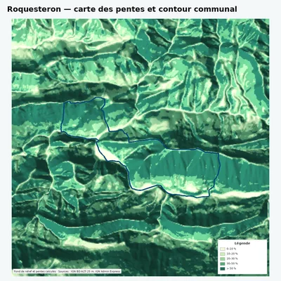 Carte des pentes de Roquesteron avec contour communal