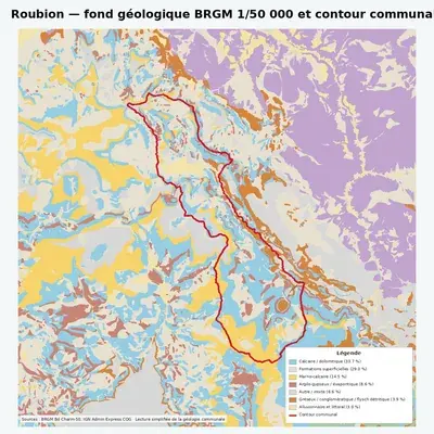 Carte géologique BRGM de Roubion avec contour communal