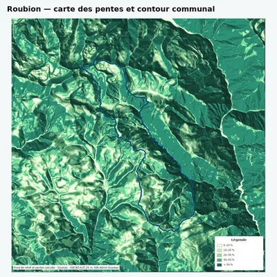 Carte des pentes de Roubion avec contour communal